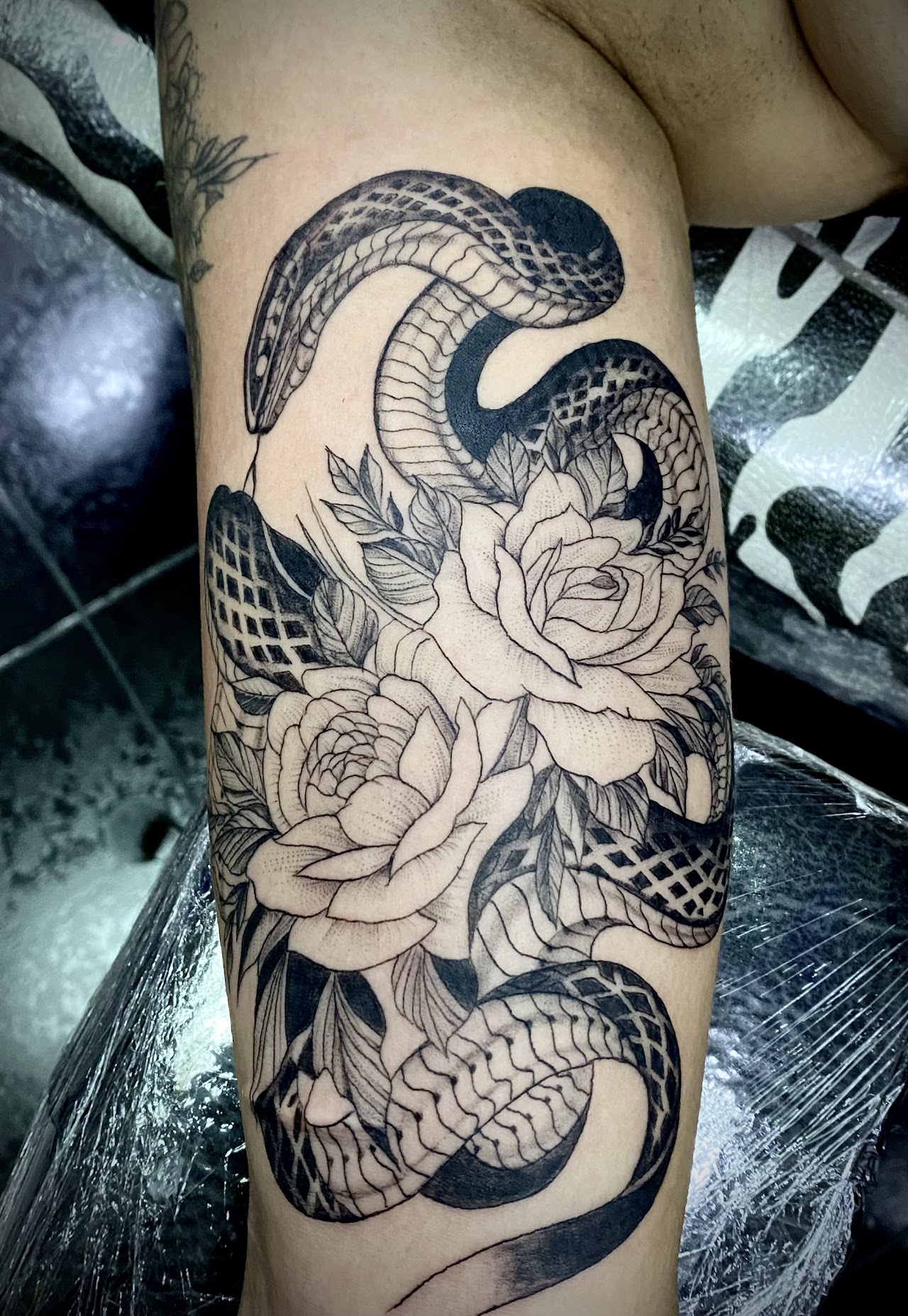 Tatuaje blackwork serpiente y rosas